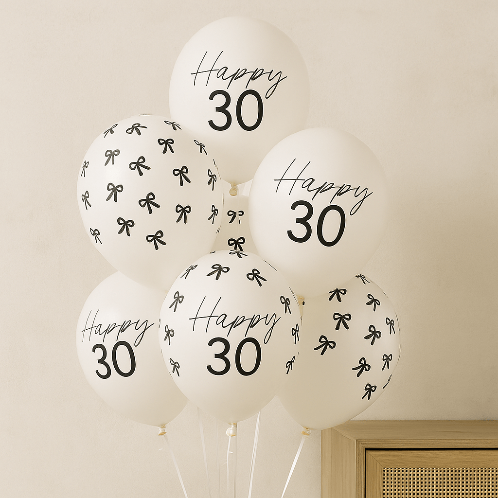 Black Bow Happy 30 Latex Balloons x 6