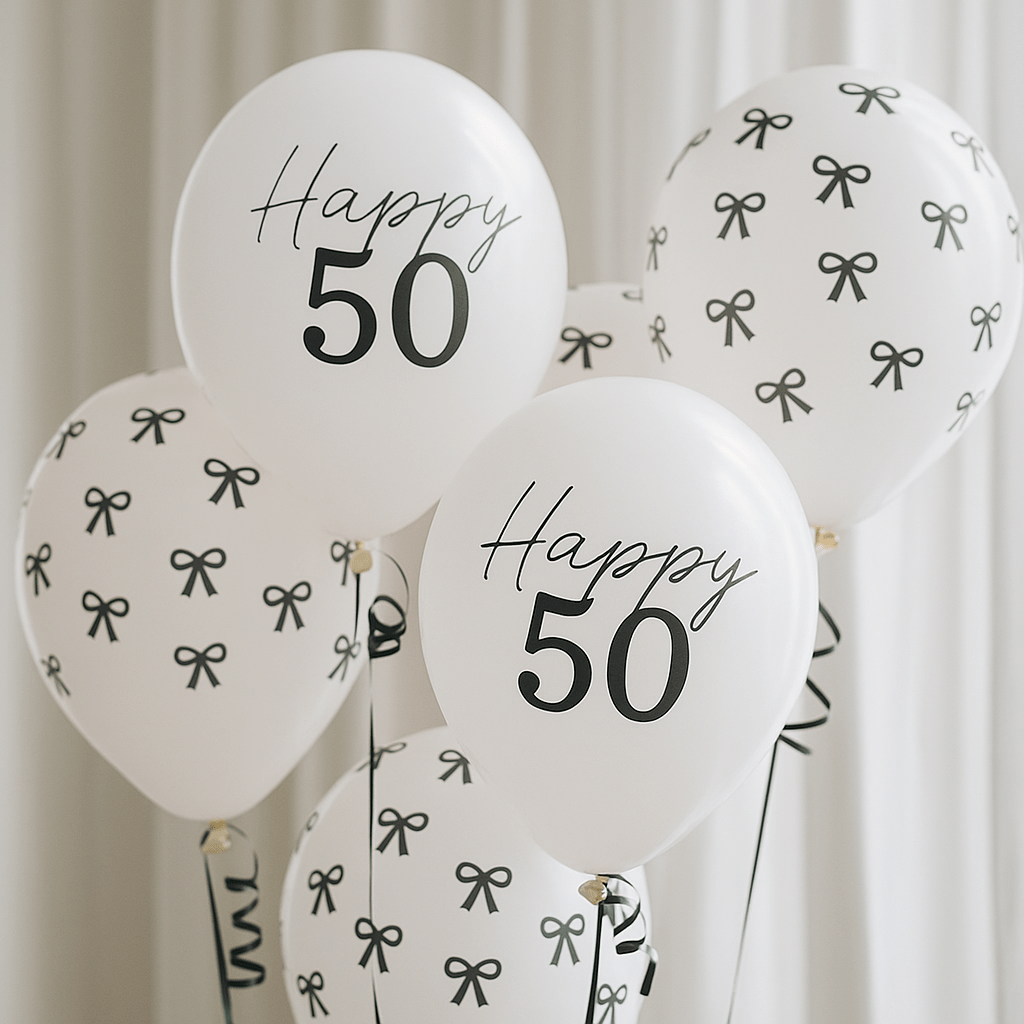 Black Bow Happy 50 Latex Balloons x 6