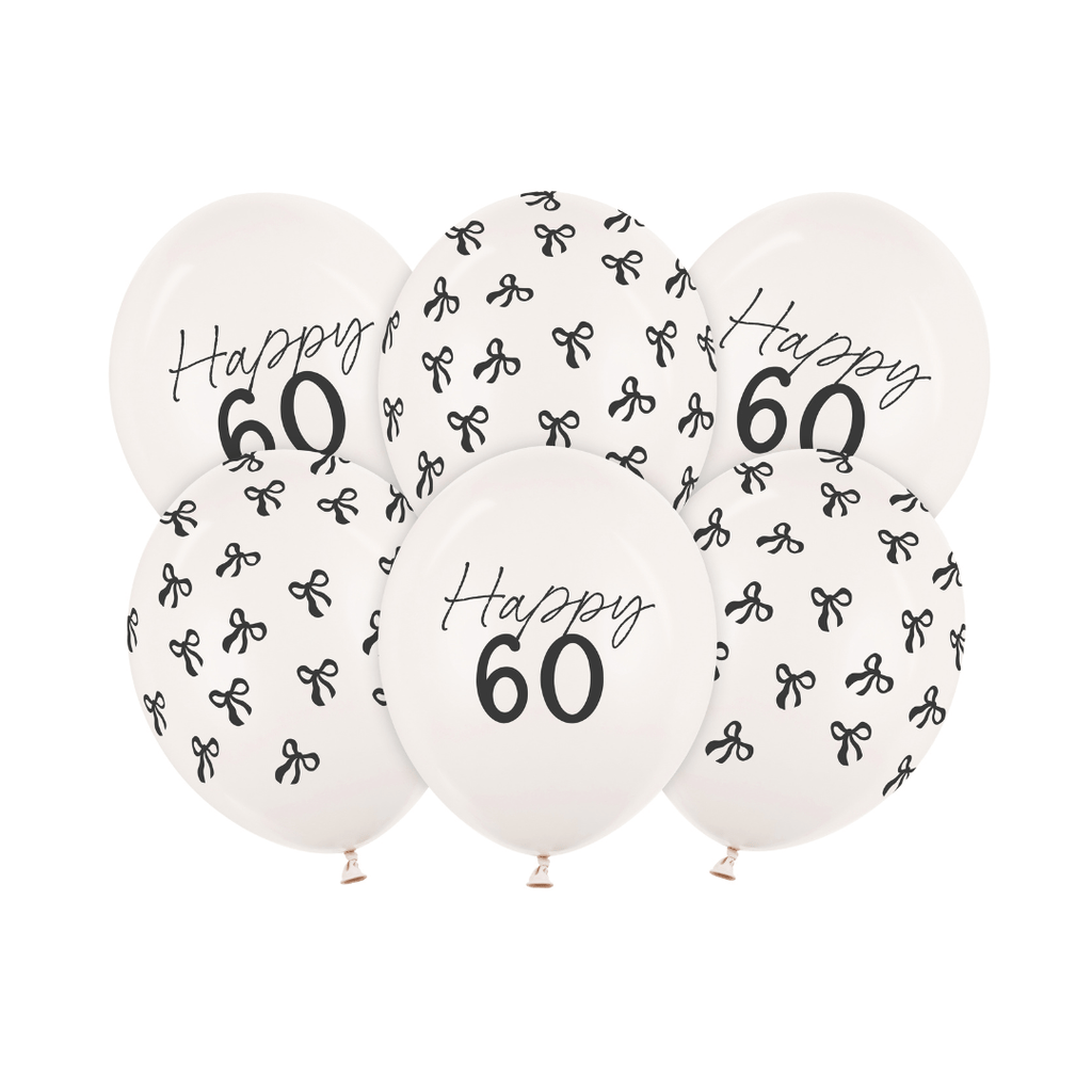 Black Bow Happy 60 Latex Balloons x 6