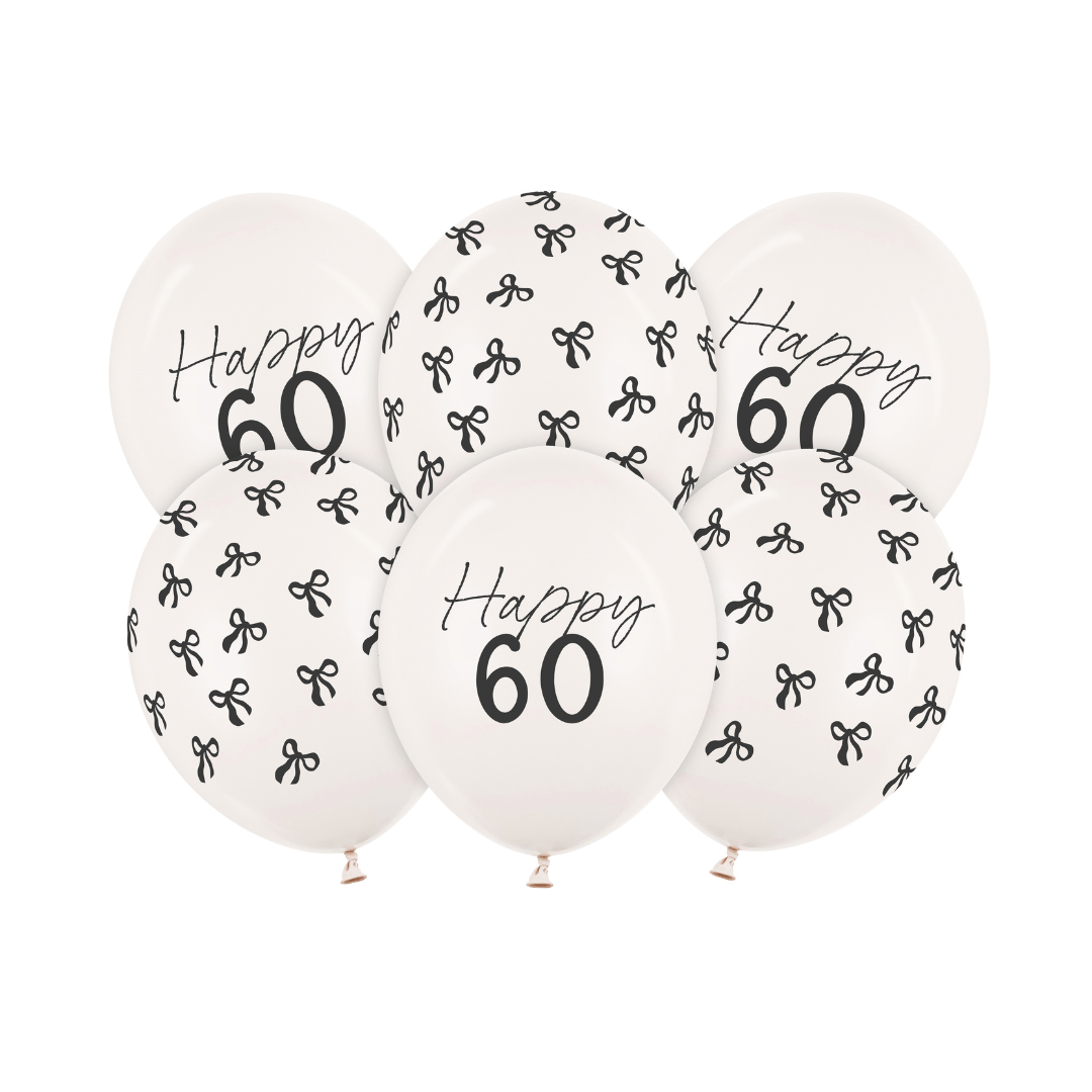 Black Bow Happy 60 Latex Balloons x 6