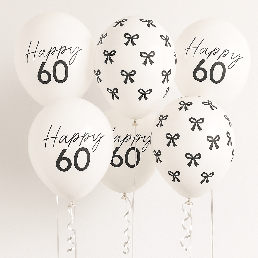Black Bow Happy 60 Latex Balloons x 6