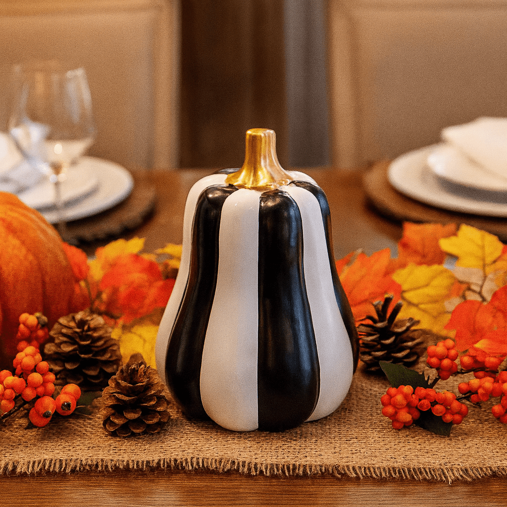 Black & White Stripe Pumpkin Decoration - Tall