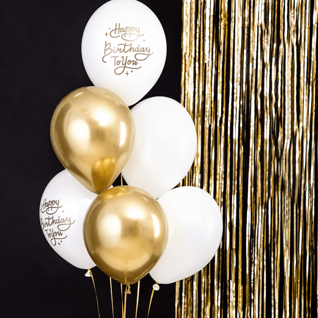 Gold and White Happy Birthday Latex Balloons x 6