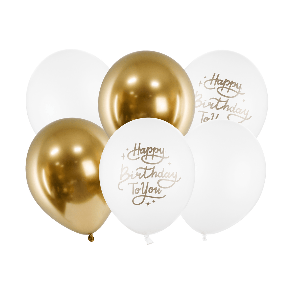 Gold and White Happy Birthday Latex Balloons x 6