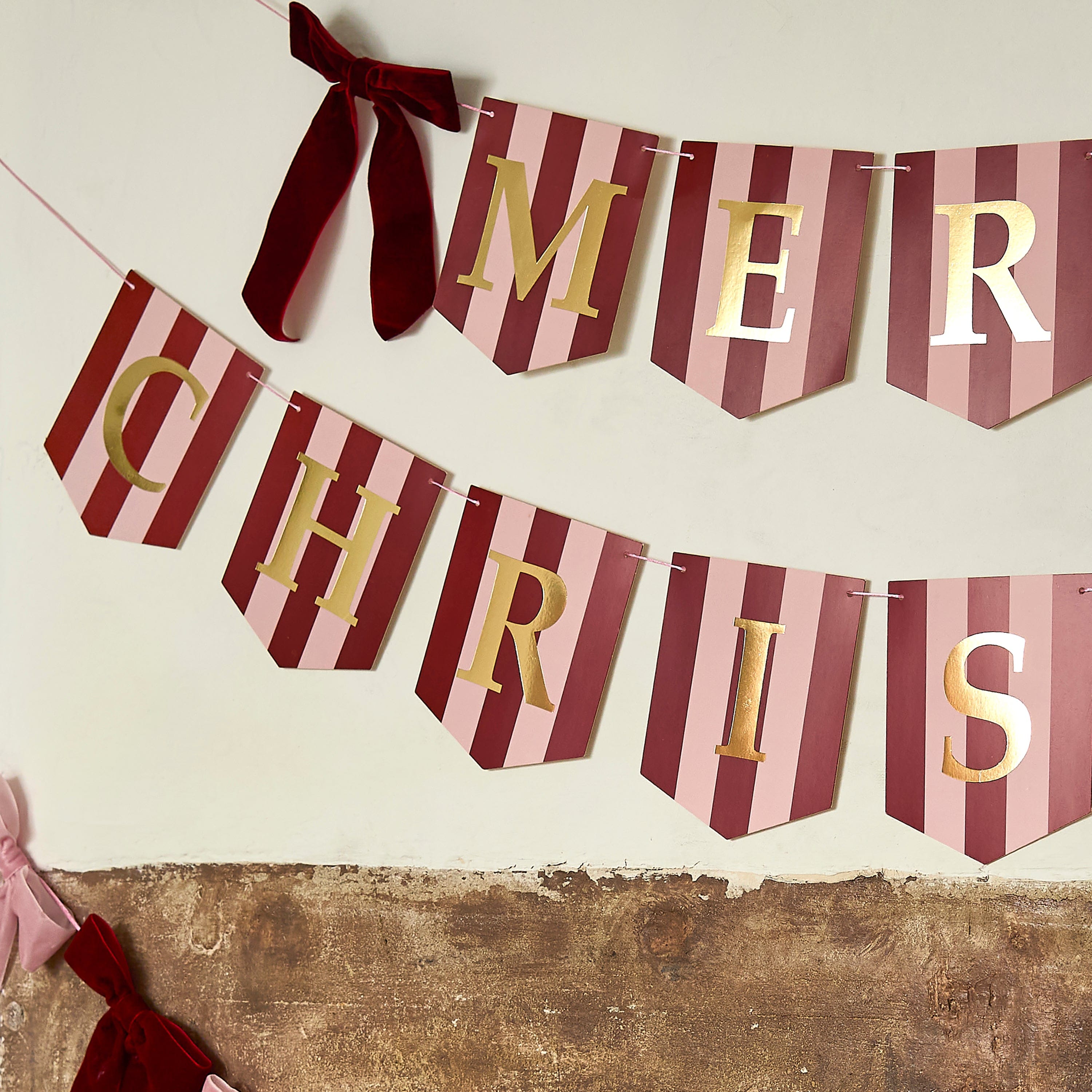 Merry Christmas Striped Letter Banner with Bows - 2m