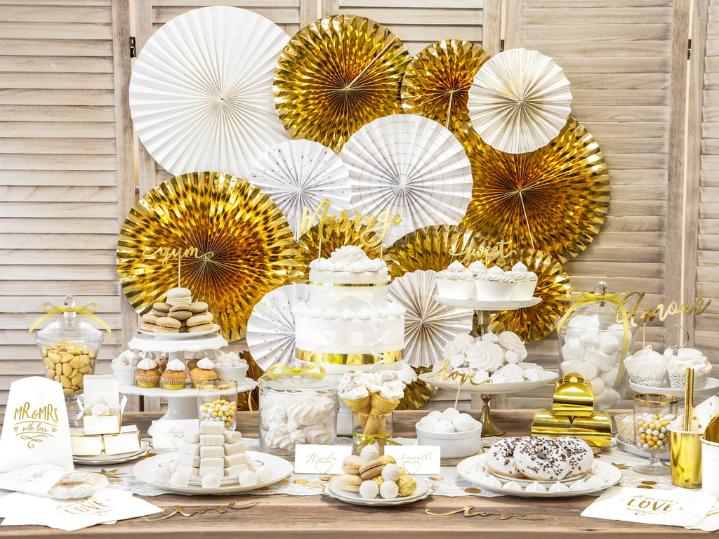 White & Gold Party Fans Decorations x 4