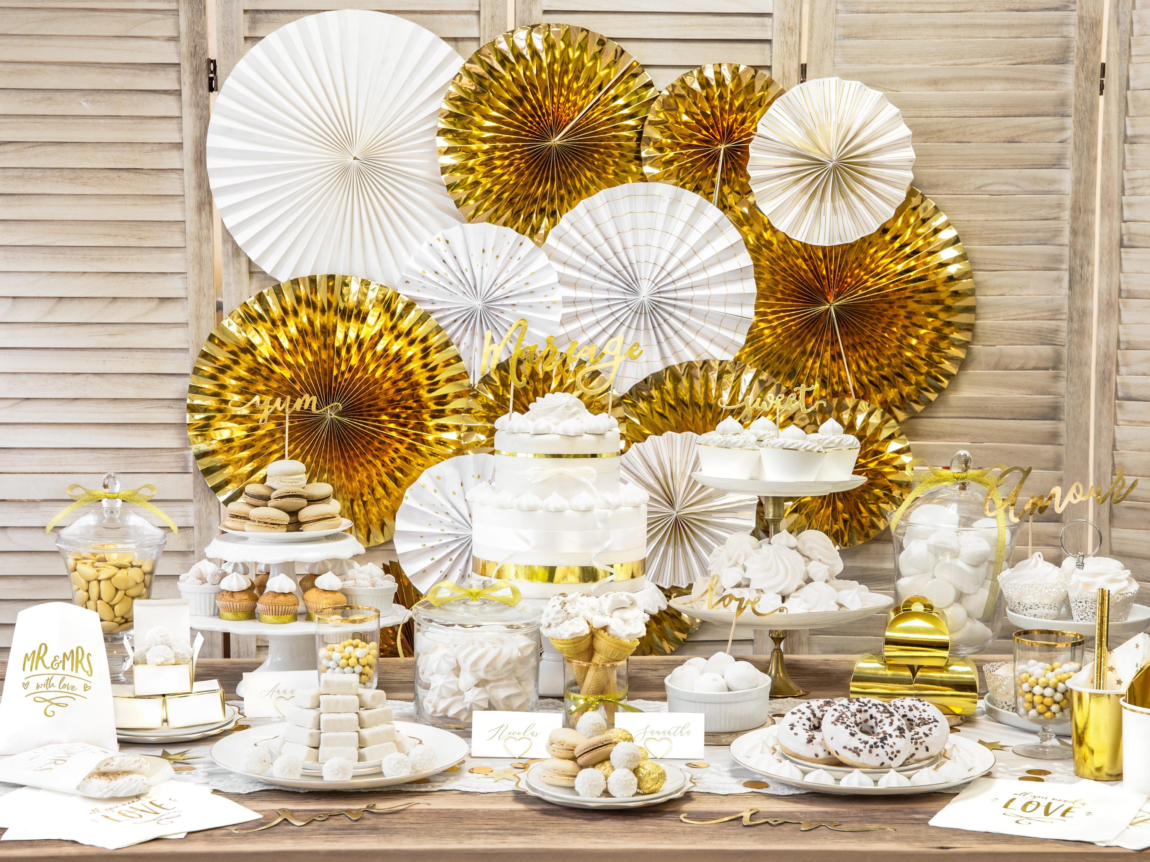 White & Gold Party Fans Decorations x 4