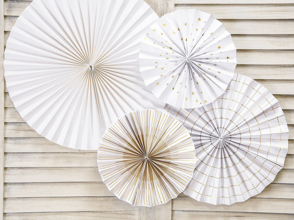 White & Gold Party Fans Decorations x 4
