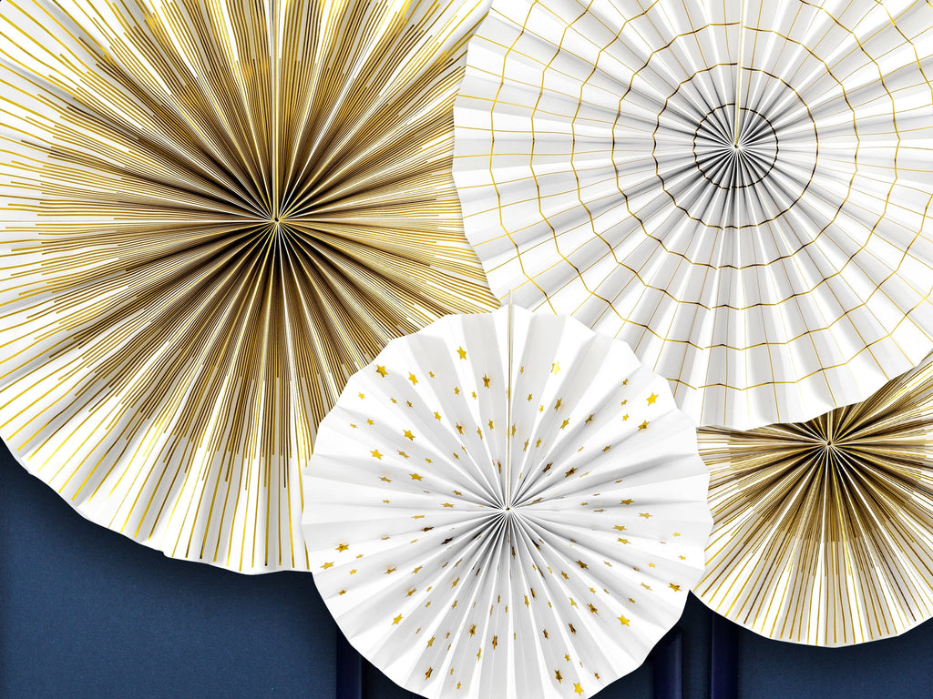 White & Gold Party Fans Decorations x 4