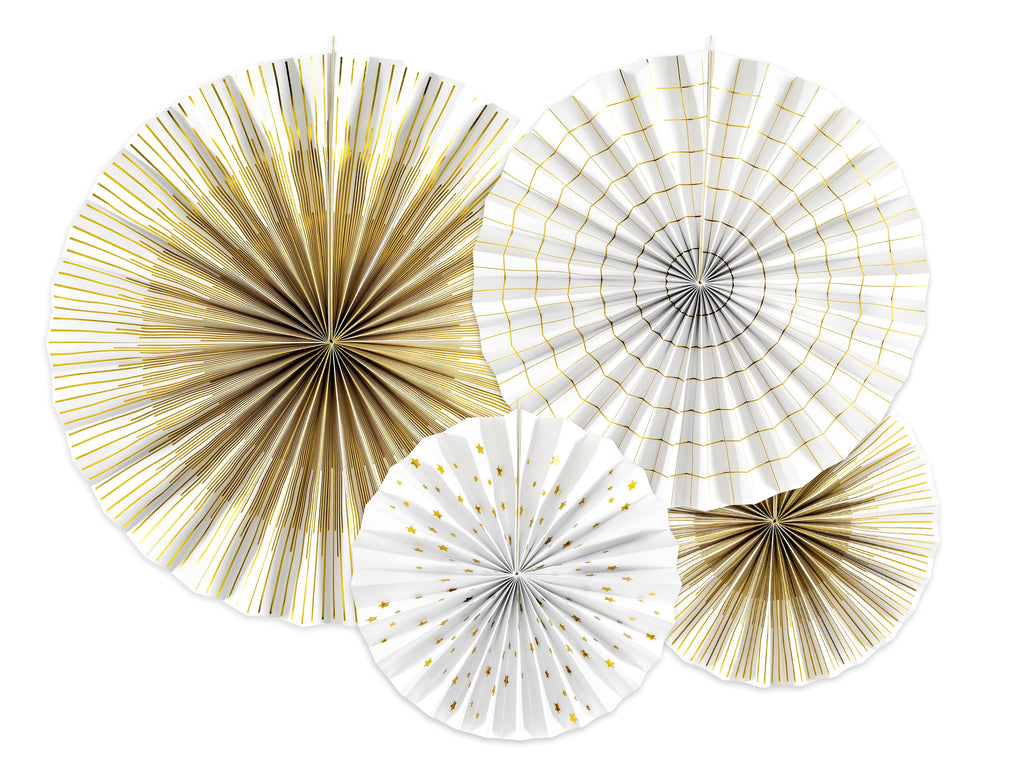 White & Gold Party Fans Decorations x 4